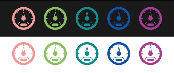Set Speedometer icon isolated on black and white background. Vector