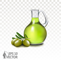 Olive oil in glass pitcher, fresh olive branch isolated on white background, 3d realistic, vector icon