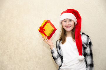 woman in santa claus hat with christmas gift