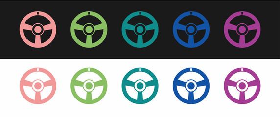 Set Racing steering wheel icon isolated on black and white background. Car wheel icon. Vector