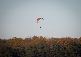 Tranquil scenery of a man paragliding above the woods on a gloomy day - Powered by Adobe