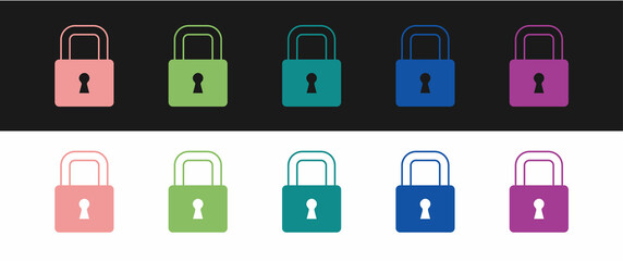Set Lock icon isolated on black and white background. Padlock sign. Security, safety, protection, privacy concept. Vector
