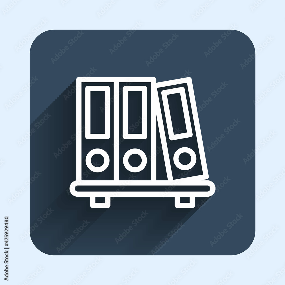 Poster White line Office folders with papers and documents icon isolated with long shadow background. Office binders. Archives folder sign. Blue square button. Vector