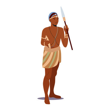 African Man Warrior, Hunter with Weapon Isolated on White Background. Male Character with Dark Skin Wear Tribal Clothes