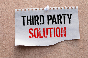 Closeup on businessman holding a card with THIRD PARTY SOLUTION message, business concept