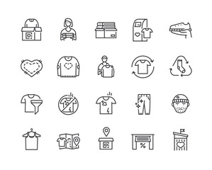 Clothing donation line icons set. Sweater with heart, box for collecting, volunteer help, donate clothes flat outline icon collection. Charity campaign signs. Editable stroke. Vector illustration