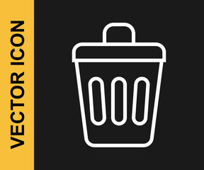 White line Trash can icon isolated on black background. Garbage bin sign. Recycle basket icon. Office trash icon. Vector