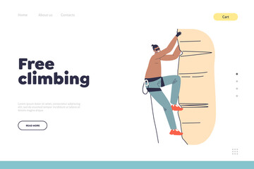Free climbing concept of landing page with man climb rock, wall or mountain cliff