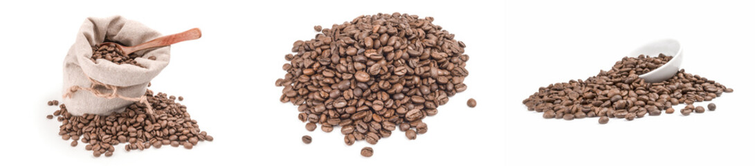 Set of pile of roasted coffee beans isolated on white