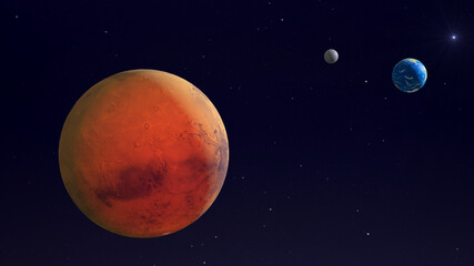 Obraz na płótnie Canvas Planets Mars, Earth and the Moon in space - 3d render - elements of this image furnished by NASA.
