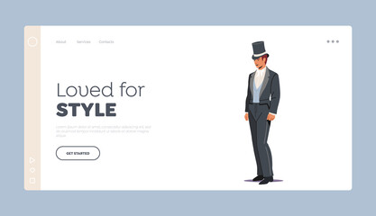 Fototapeta premium Love for Style, Dandy Landing Page Template. Vintage Gentleman Wearing Top Hat. Character in Ancient Elegant Costume