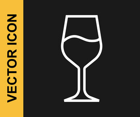 White line Wine glass icon isolated on black background. Wineglass sign. Vector