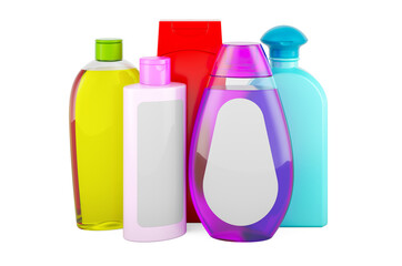 Set of plastic cosmetic bottles mockup. Shampoo, balm, conditioner or oil bottles. 3D rendering