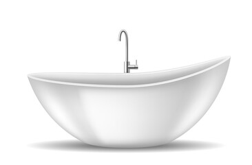Realistic bath tub element. Ceramic white bathtub for stylish bathroom space