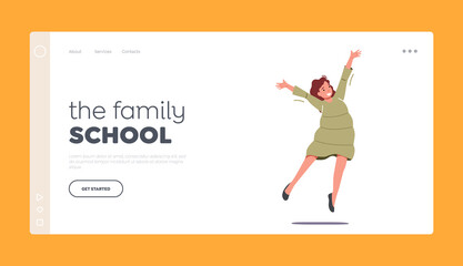 Fototapeta na wymiar Family School Landing Page Template. Happiness, Childhood and Freedom. Happy Kid Jumping in Air. Schoolgirl Rejoice