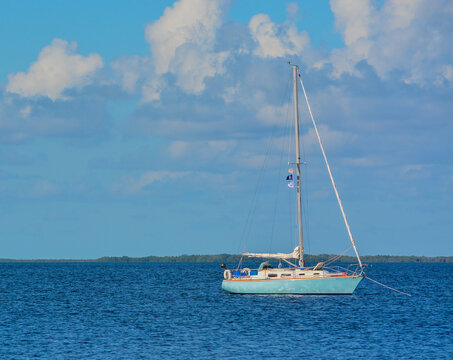 A Sail Boat On The Black Water Sound In The Florida Keys At Key Largo, Monroe County, Florida