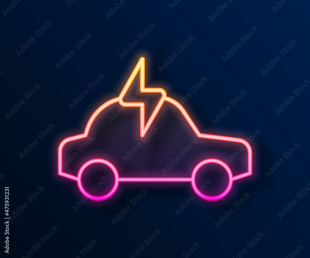 Wall mural Glowing neon line Electric car and electrical cable plug charging icon isolated on black background. Renewable eco technologies. Vector