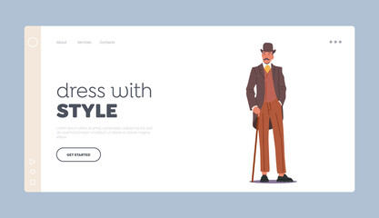 Dress with Style Landing Page Template. Elegant Man of Nineteenth Century. English Victorian Gentleman in Frock Coat