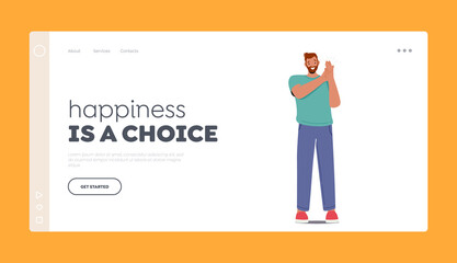 Happiness Landing Page Template. Man Applauding, Clap Hands. Happy Male Character Cheering, Support Friend, Success