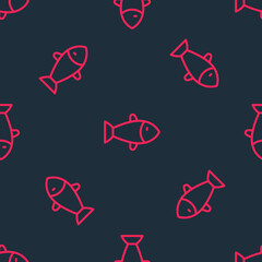 Red line Fish icon isolated seamless pattern on black background. Vector