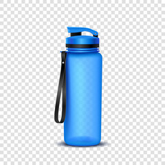 Sports bottle with strap realistic. Fresh water plastic container 3d mockup. Athlete accessory