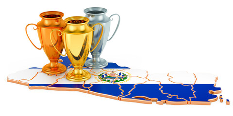 Trophy Cups on Salvadoran map. Sport Tournaments in El Salvador, concept. 3D rendering