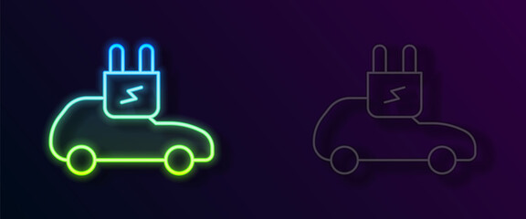 Glowing neon line Electric car and electrical cable plug charging icon isolated on black background. Renewable eco technologies. Vector