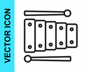 Black line Xylophone - musical instrument with thirteen wooden bars and two percussion mallets icon isolated on white background. Vector