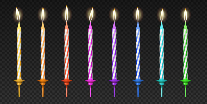 Lighted birthday cake colorful candles 3d realistic set. Birthday celebration party candles