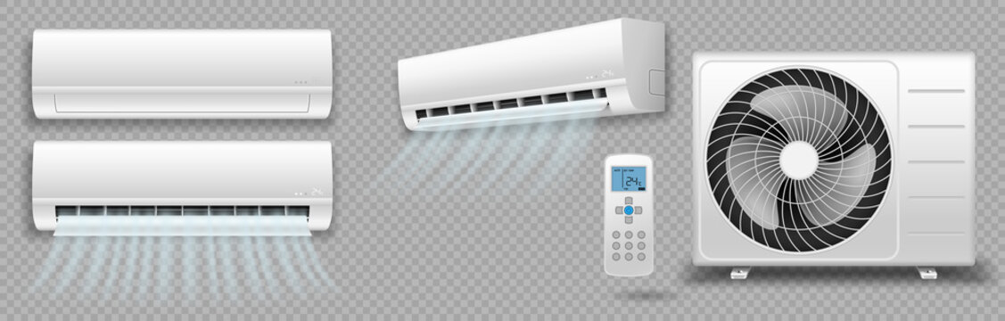 Air conditioner with wind flows, ventilator and remote control. Split system for climate control