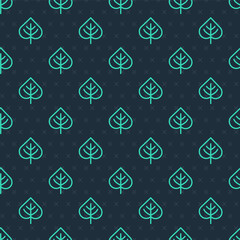 Green line Leaf icon isolated seamless pattern on blue background. Leaves sign. Fresh natural product symbol. Vector