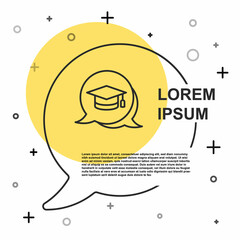 Black line Graduation cap in speech bubble icon isolated on white background. Graduation hat with tassel icon. Random dynamic shapes. Vector
