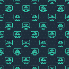 Green line Worker safety helmet icon isolated seamless pattern on blue background. Vector