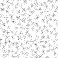 Hand Drawn Snowflakes Christmas Seamless Pattern. Subtle Flying Snow Flakes on chalk snowflakes Background. Amusing chalk handdrawn snow overlay. Cool holiday season decoration.