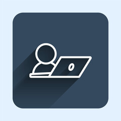 White line Video chat conference icon isolated with long shadow background. Online meeting work form home. Remote project management. Blue square button. Vector