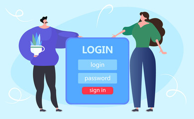 Login form page. Website ui vector elements with modern flat characters pointing on the fields. Template