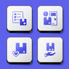 Set Verification of delivery list, Home services, Delivery security with shield and hand box icon. White square button. Vector