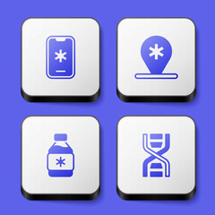 Set Emergency call 911, Location hospital, Bottle of medicine syrup and DNA symbol icon. White square button. Vector