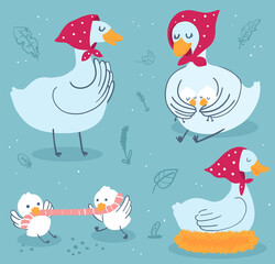 Mom and kids farm animals. Mom goose and toddlers. A set of characters with a farm motif.