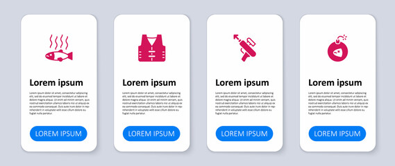 Set Bomb, Fishing harpoon, jacket and Dead fish. Business infographic template. Vector