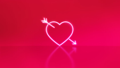 Neon luminous board of a heart with an arrow through it red reflecting background. valentines day concept.