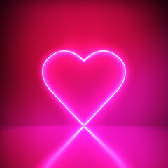 Neon heart light on pink reflecting background.