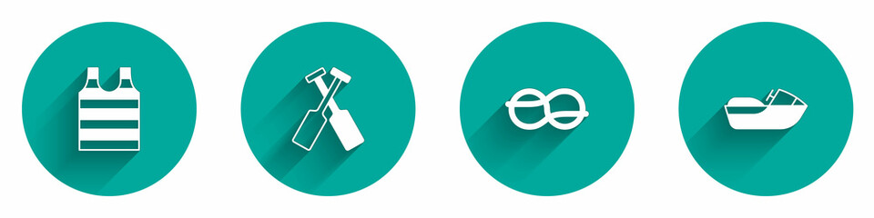 Set Striped sailor t-shirt, Crossed oars paddles boat, Nautical rope knots and Jet ski icon with long shadow. Vector