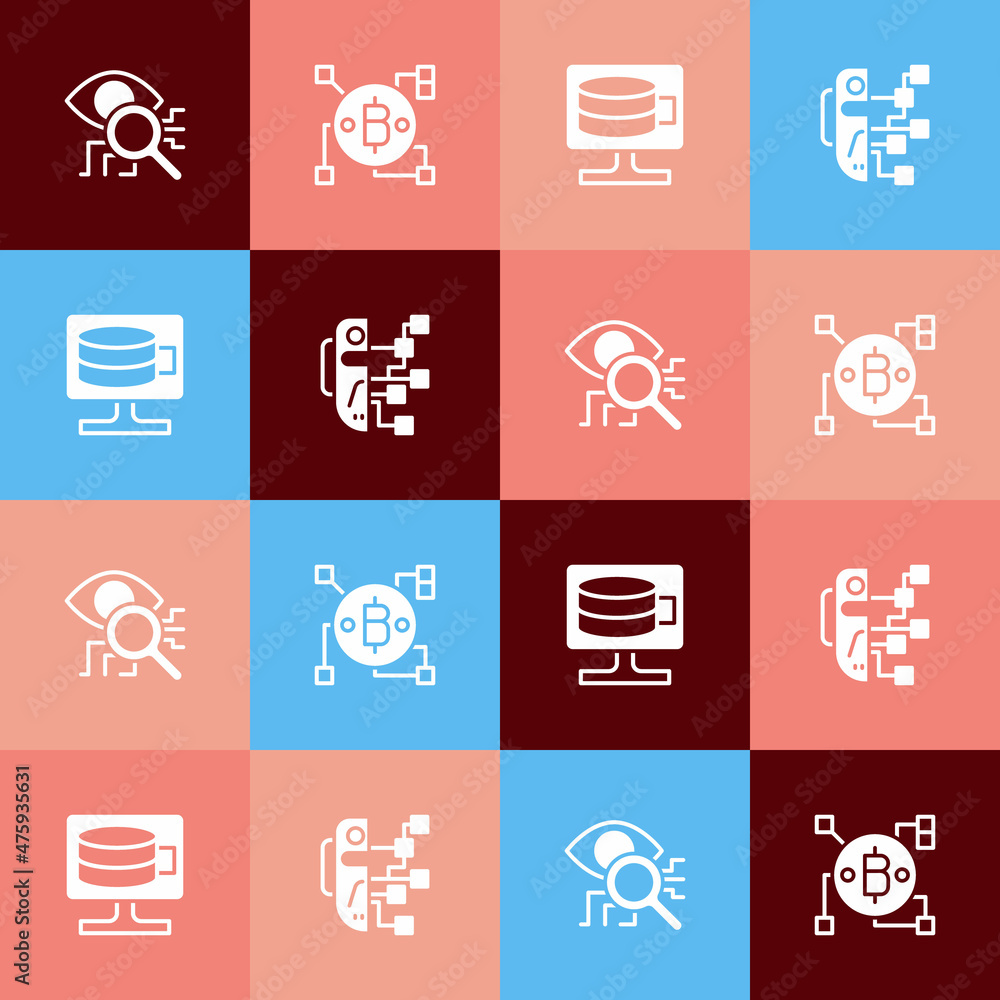 Poster set pop art eye scan, blockchain technology bitcoin, cloud database and humanoid robot icon. vector