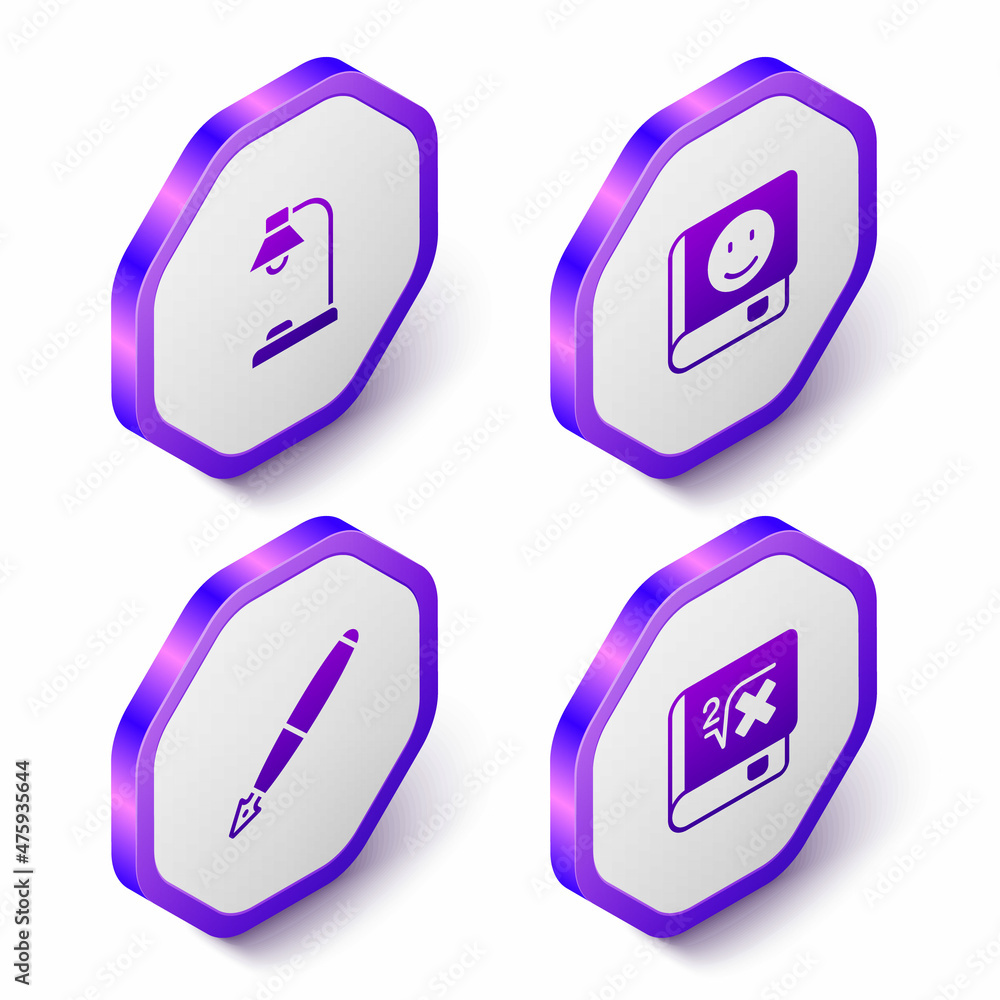 Poster set isometric table lamp, book, fountain pen nib and with mathematics icon. purple hexagon button. v