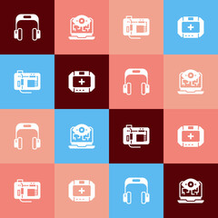 Set pop art Headphones, Computer vision, Motherboard and First aid kit icon. Vector