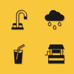 Set Water tap, Well, Glass with water and Cloud rain icon with long shadow. Vector
