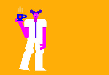 futuristic vector illustration of a female flat character of a waitress holding a cup of coffee. flat style design wit copy space