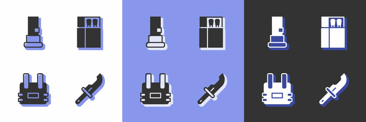 Set Hunter knife, Cartridges, Bulletproof vest and Open matchbox and matches icon. Vector