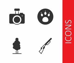 Set Hunting gun, Photo camera, Tree and Paw search icon. Vector
